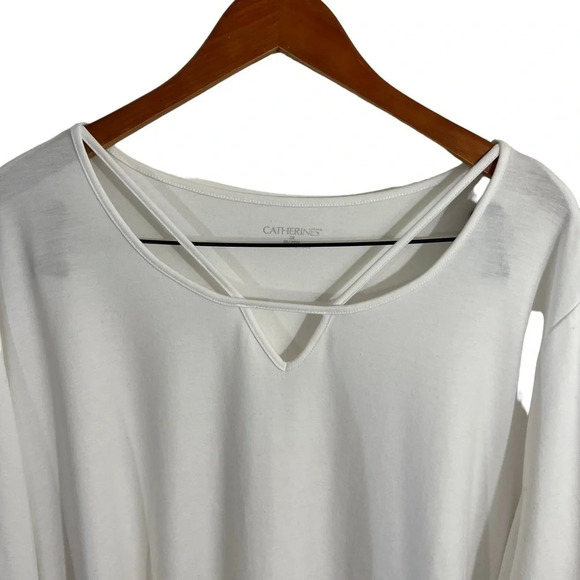 Catherines White Blouse 3X Keyhole Cutout Criss Cross Plus Size Stretch Pullover - Picture 2 of 5